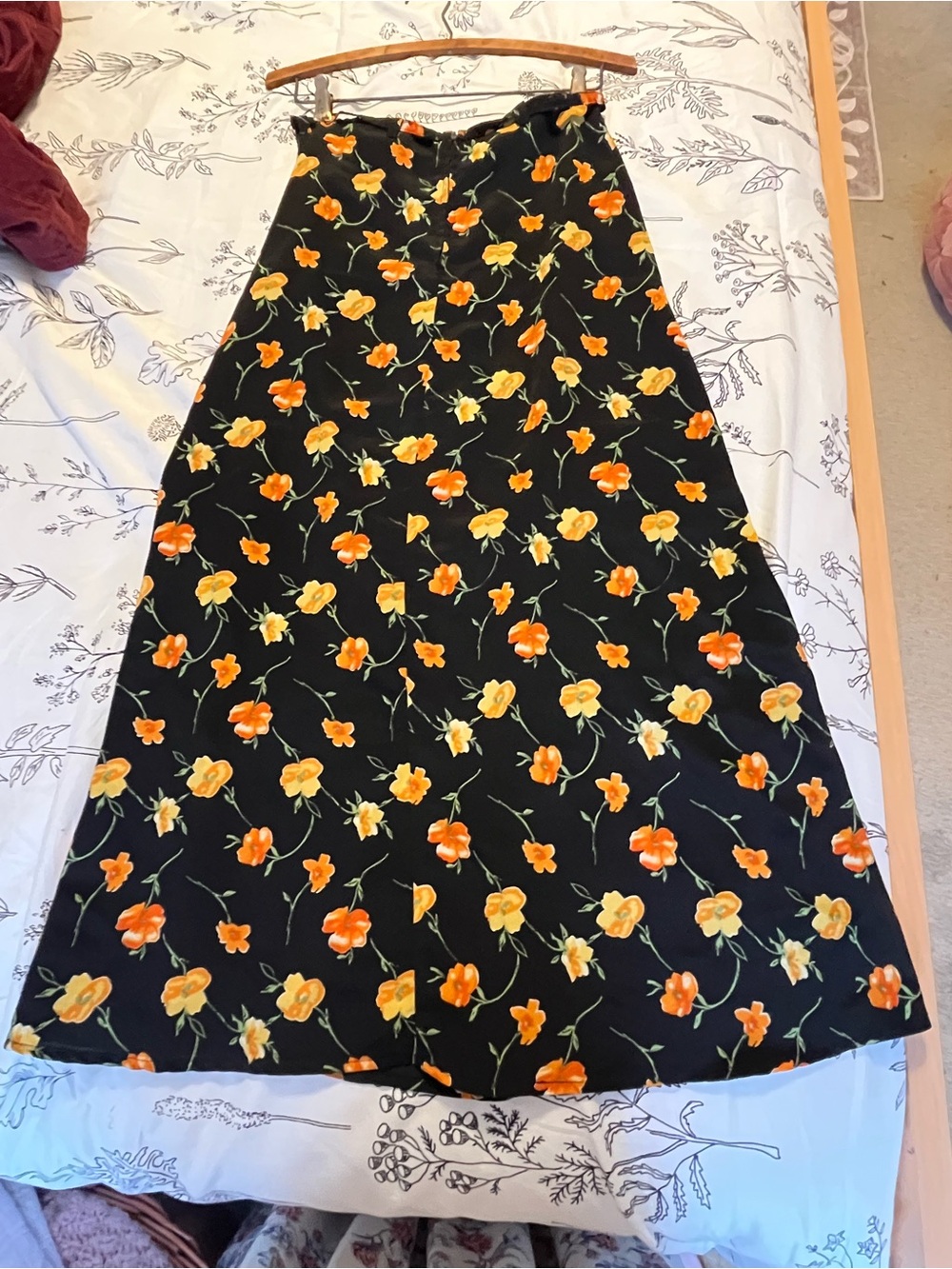 Vintage Blue A-Line Skirt with Orange & Yellow Floral Print